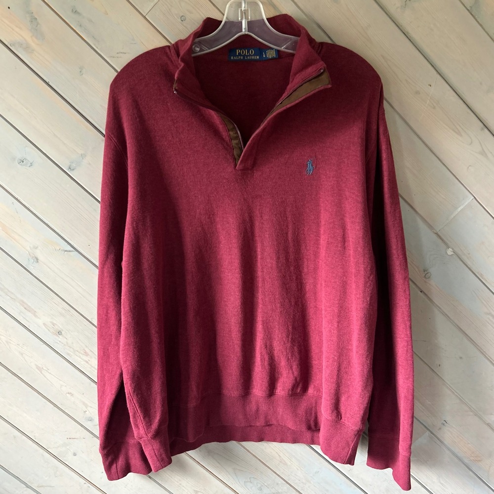 Polo Ralph Lauren Mens Burgundy Quarter Zip Pullover Sweater Large Heather Red